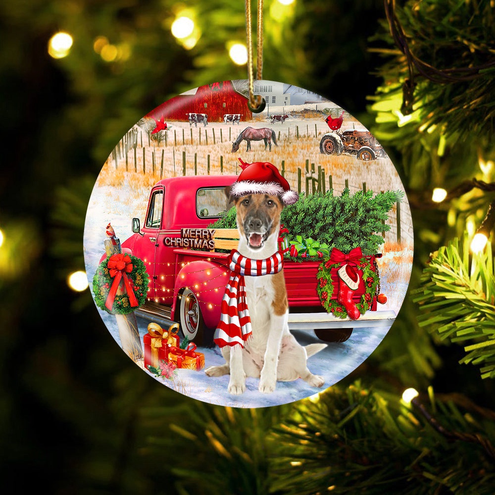 Fox Terrier With Red Truck Christmas Ornament, Christmas Ornament, Dog Ornament, Xmas Dog Ornaments