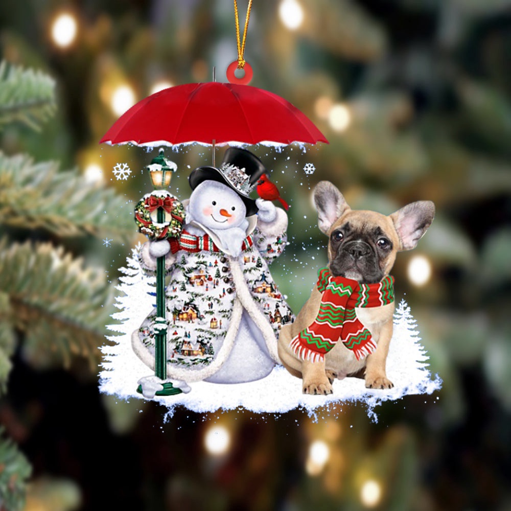 French Bulldog With Snowman Christmas Ornament, Christmas Ornament, Dog Ornament, Xmas Dog Ornaments