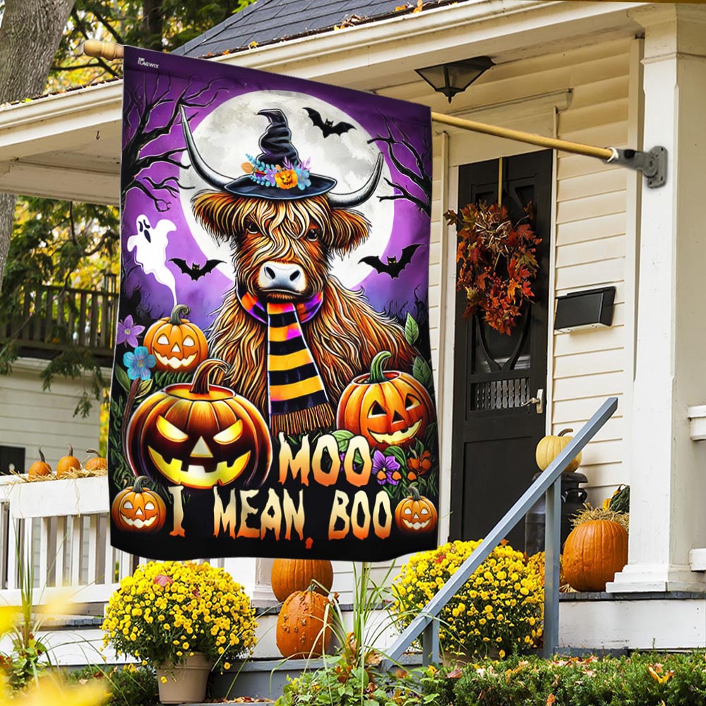 Highland Cow Halloween Moo I Mean Boo Flag, Halloween Flag, Halloween Garden Flags, Halloween House Flags