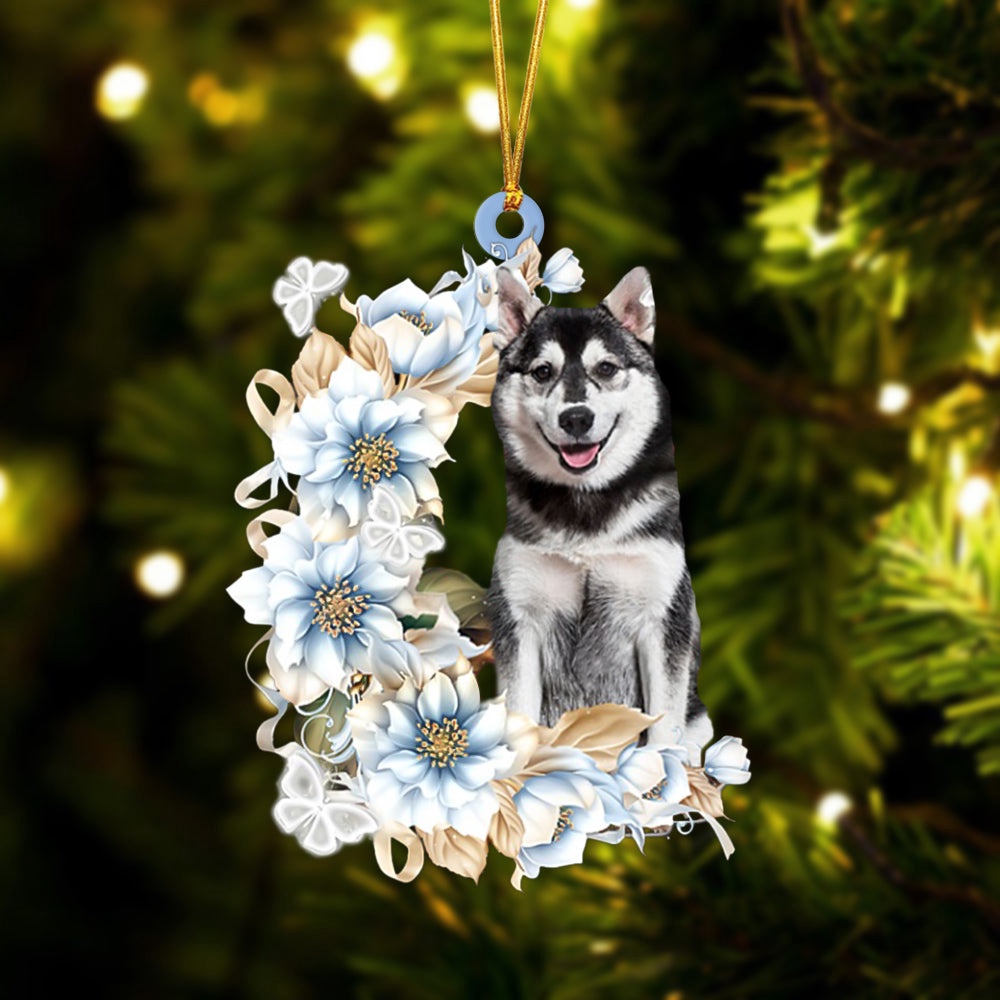 Husky Flowers Moon Ornament, Christmas Ornament, Dog Ornament, Xmas Dog Ornaments