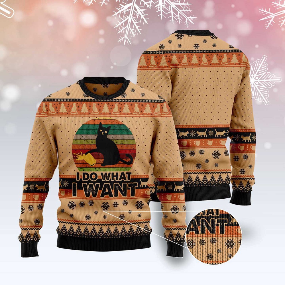 I Do What A Want Black Cat Ugly Christmas Sweater, Christmas Cat Ugly Sweater, Ugly Cat Xmas Sweater