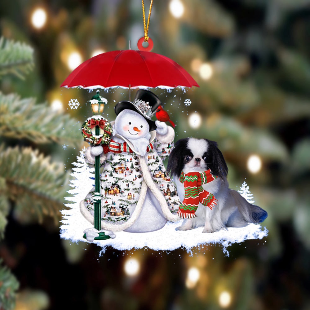 Japanese Chin With Snowman Christmas Ornament, Christmas Ornament, Dog Ornament, Xmas Dog Ornaments