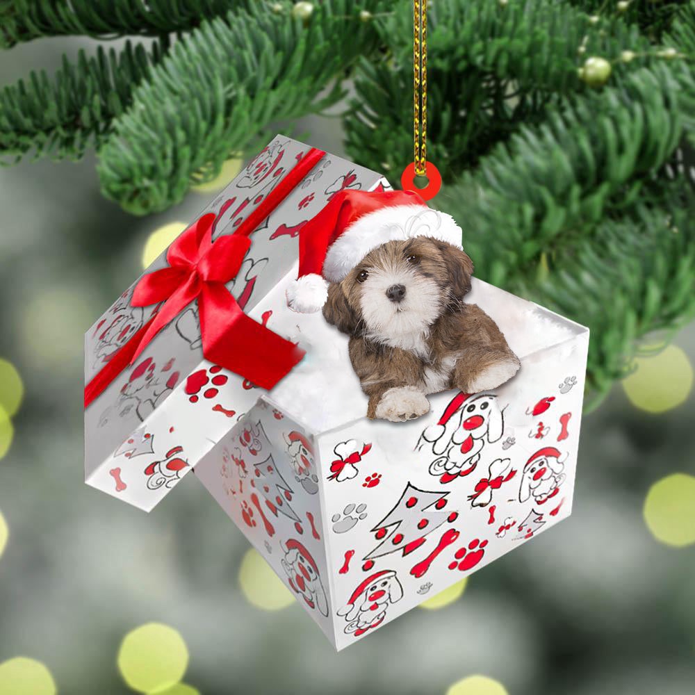 Lhasa-Apso In Gift Box Christmas Ornament, Christmas Ornament, Dog Ornament, Xmas Dog Ornaments