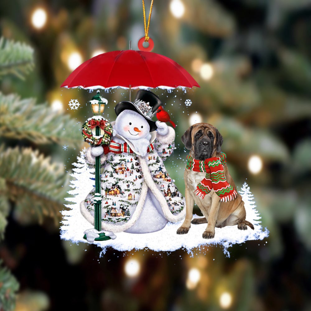 Mastiff brindle With Snowman Ornament, Christmas Ornament, Dog Ornament, Xmas Dog Ornaments