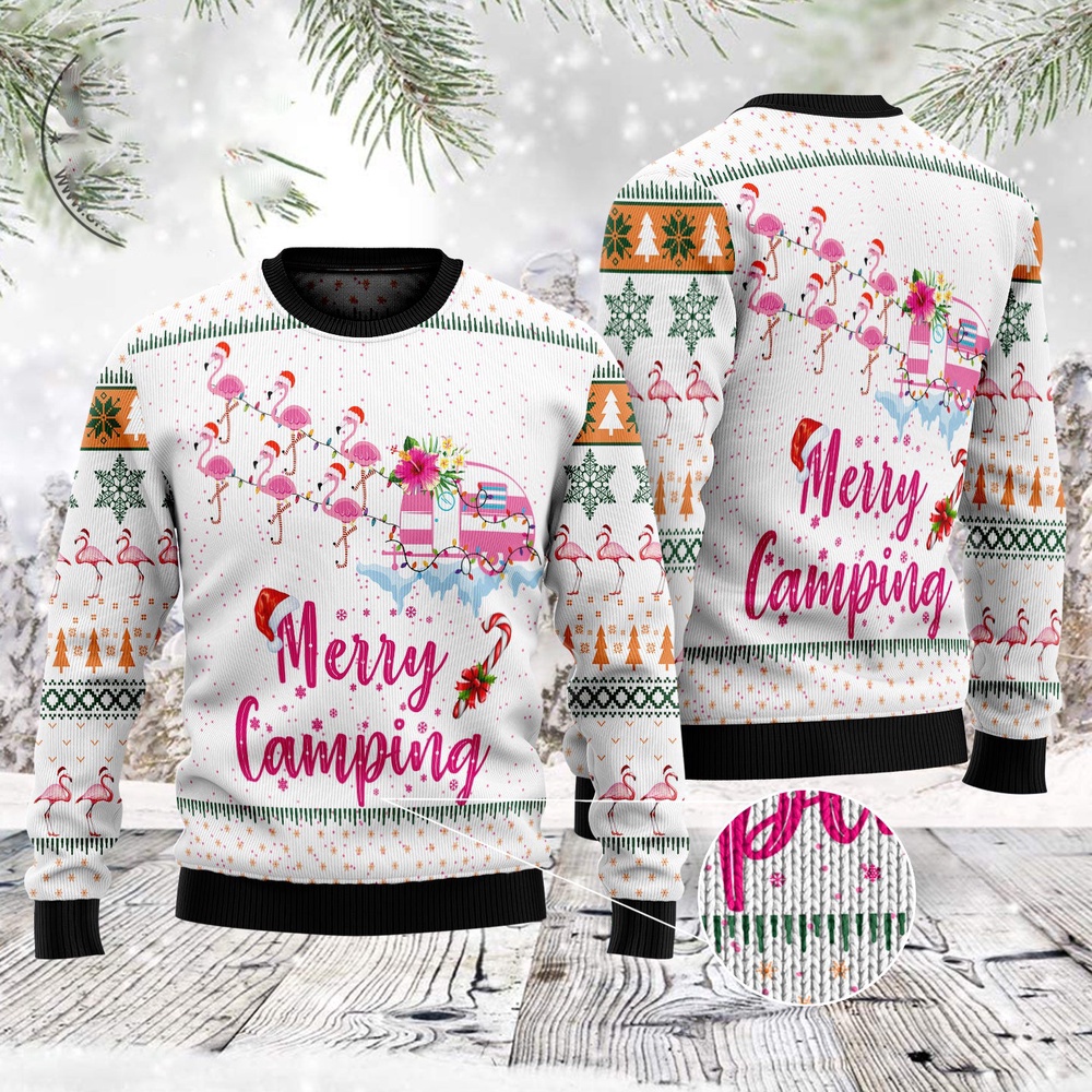 Merry Camping Flamingo Ugly Christmas Sweater, Christmas Sweater, Ugly Sweater, Funny Xmas Sweaters
