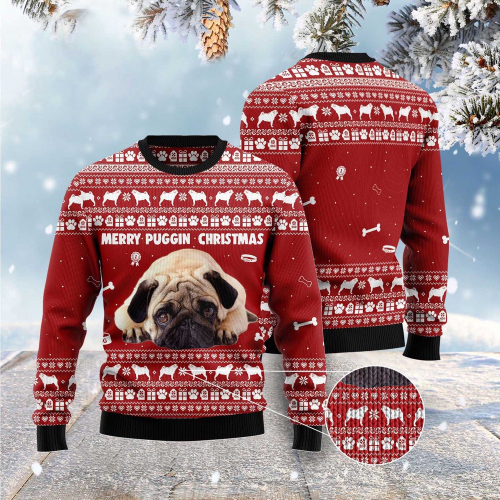 Merry Puggin Christmas Ugly Christmas Sweater, Dog Ugly Christmas Sweater, Ugly Dog Sweaters