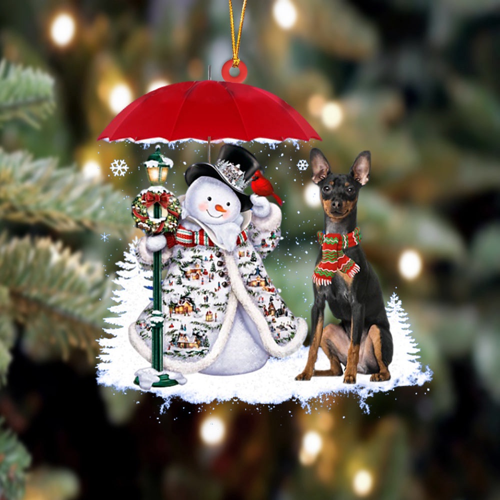 Miniature Pinscher With Snowman Christmas Ornament, Christmas Ornament, Dog Ornament, Xmas Dog Ornaments