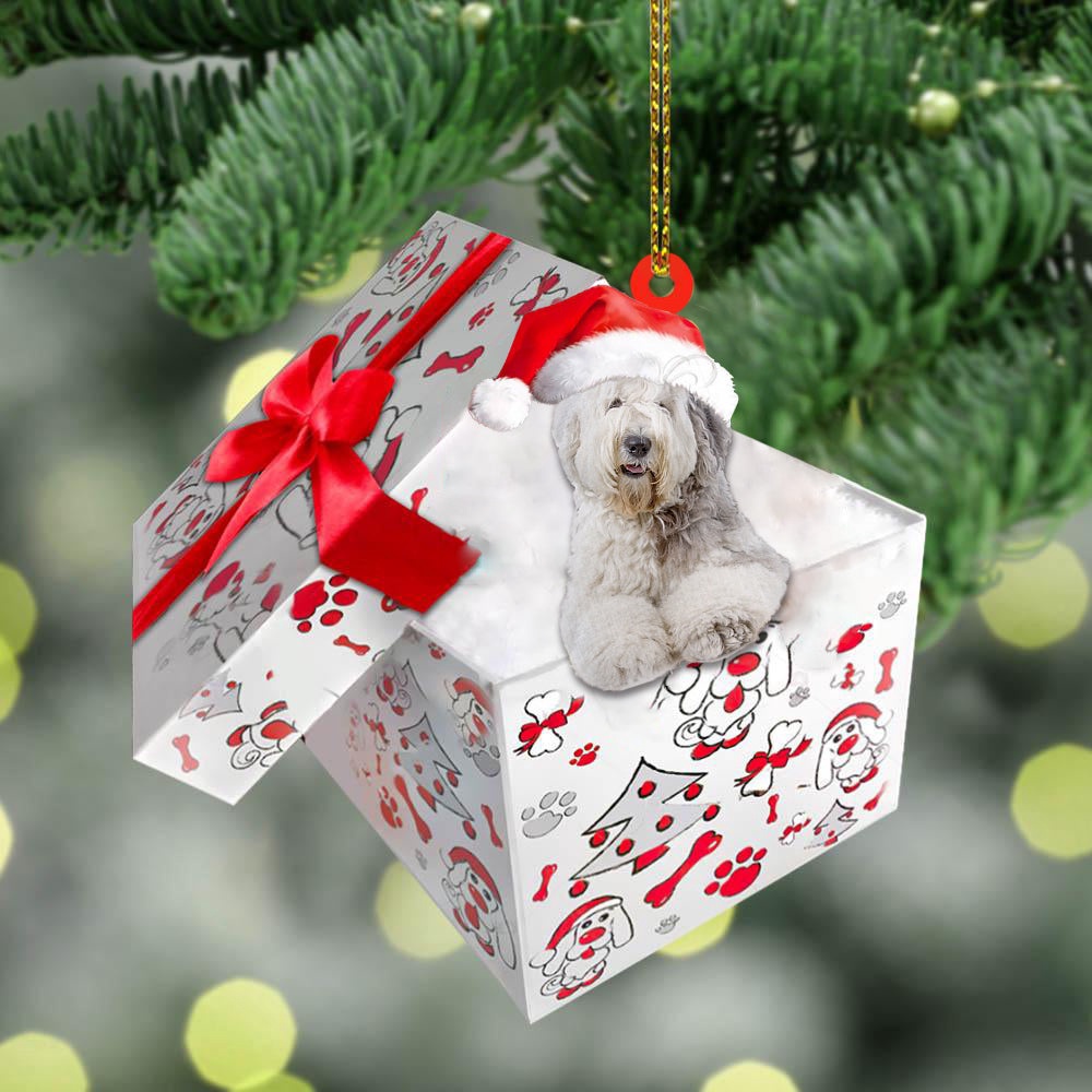 Old-English-Sheepdog In Gift Box Christmas Ornament, Christmas Ornament, Dog Ornament, Xmas Dog Ornaments