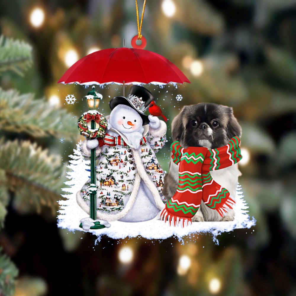 Pekingese With Snowman Christmas Ornament, Christmas Ornament, Dog Ornament, Xmas Dog Ornaments