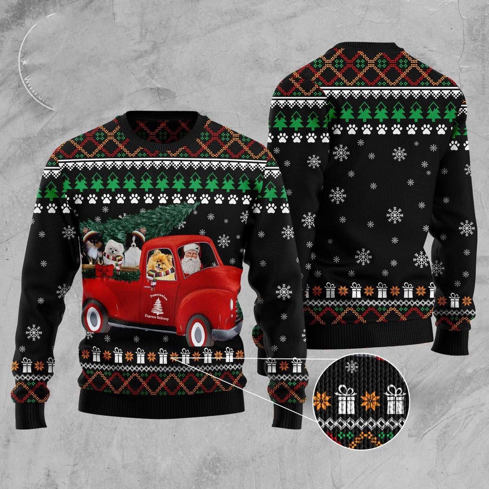 Pomeranian And Red Truck Ugly Christmas Sweater, Christmas Sweater, Ugly Sweater, Funny Xmas Sweaters Pomeranian And Red Truck Ugly Christmas Sweater, Christmas Sweater, Ugly Sweater, Funny Xmas Sweaters