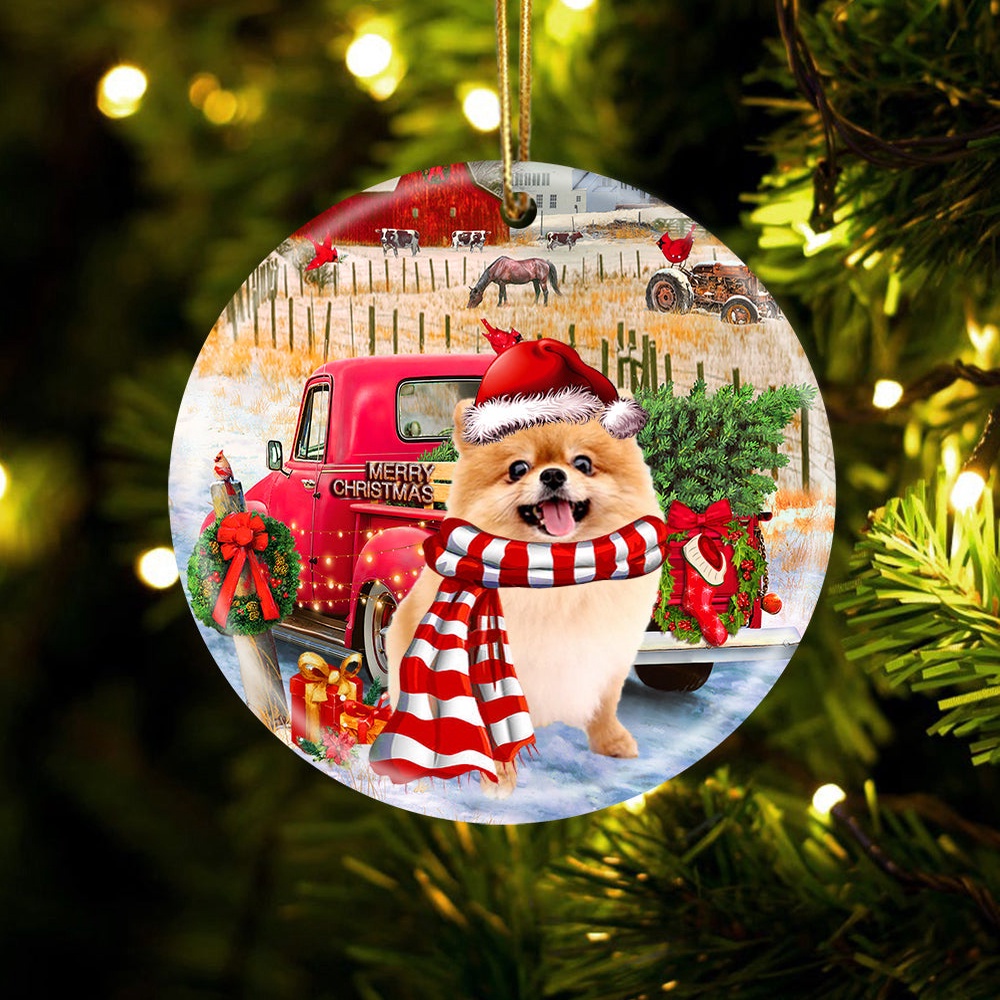 Pomeranian With Red Truck Christmas Ornament, Christmas Ornament, Dog Ornament, Xmas Dog Ornaments