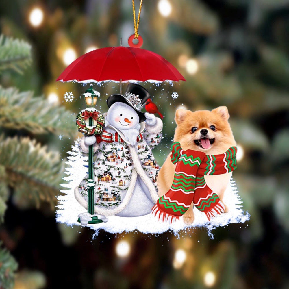 Pomeranian With Snowman Christmas Ornament, Christmas Ornament, Dog Ornament, Xmas Dog Ornaments