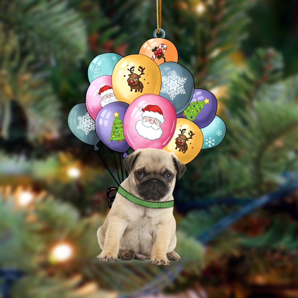 Pug(2) With Balloons Christmas Ornament, Christmas Ornament, Dog Ornament, Xmas Dog Ornaments
