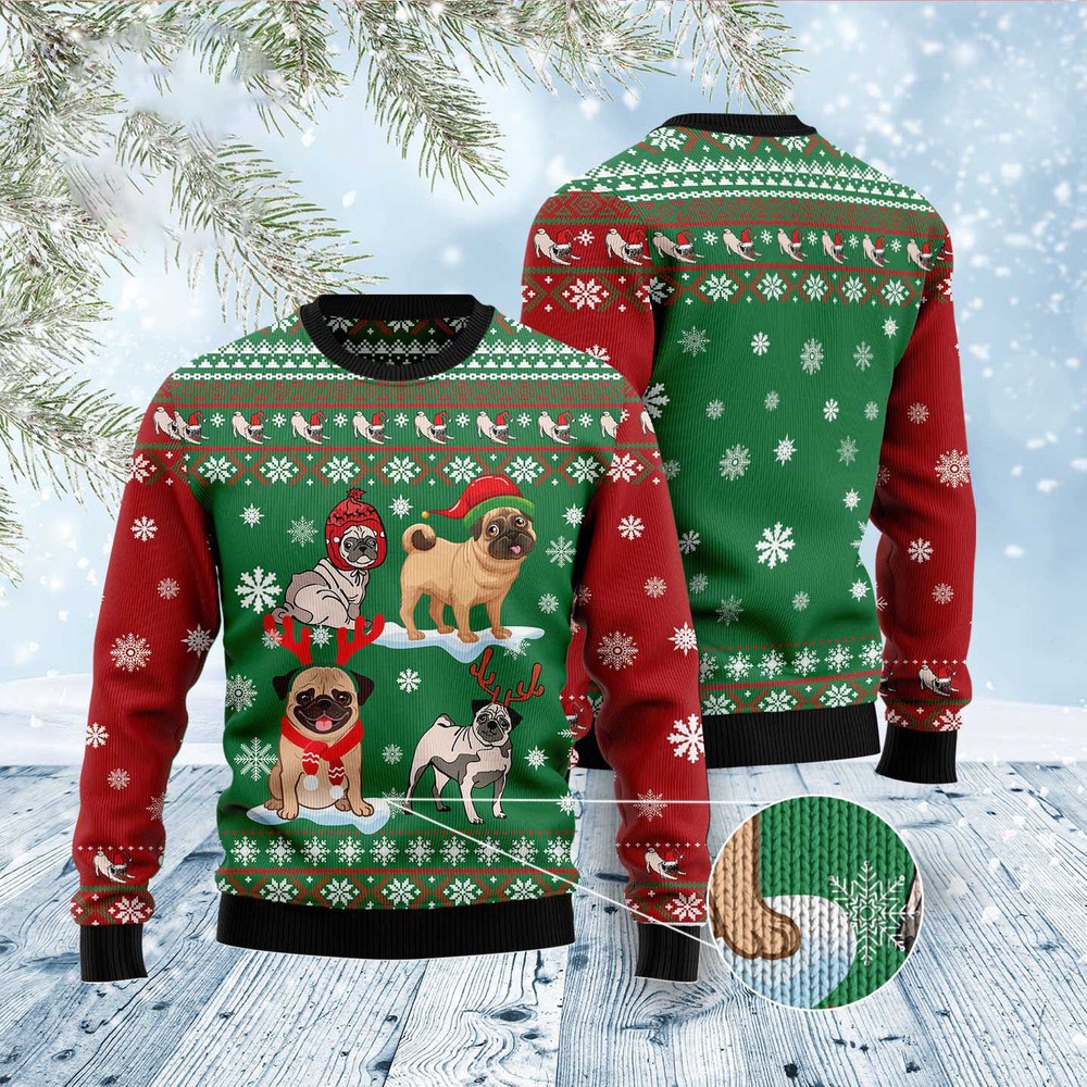 Pug Snow Day Ugly Christmas Sweater, Dog Ugly Christmas Sweater, Ugly Dog Sweaters