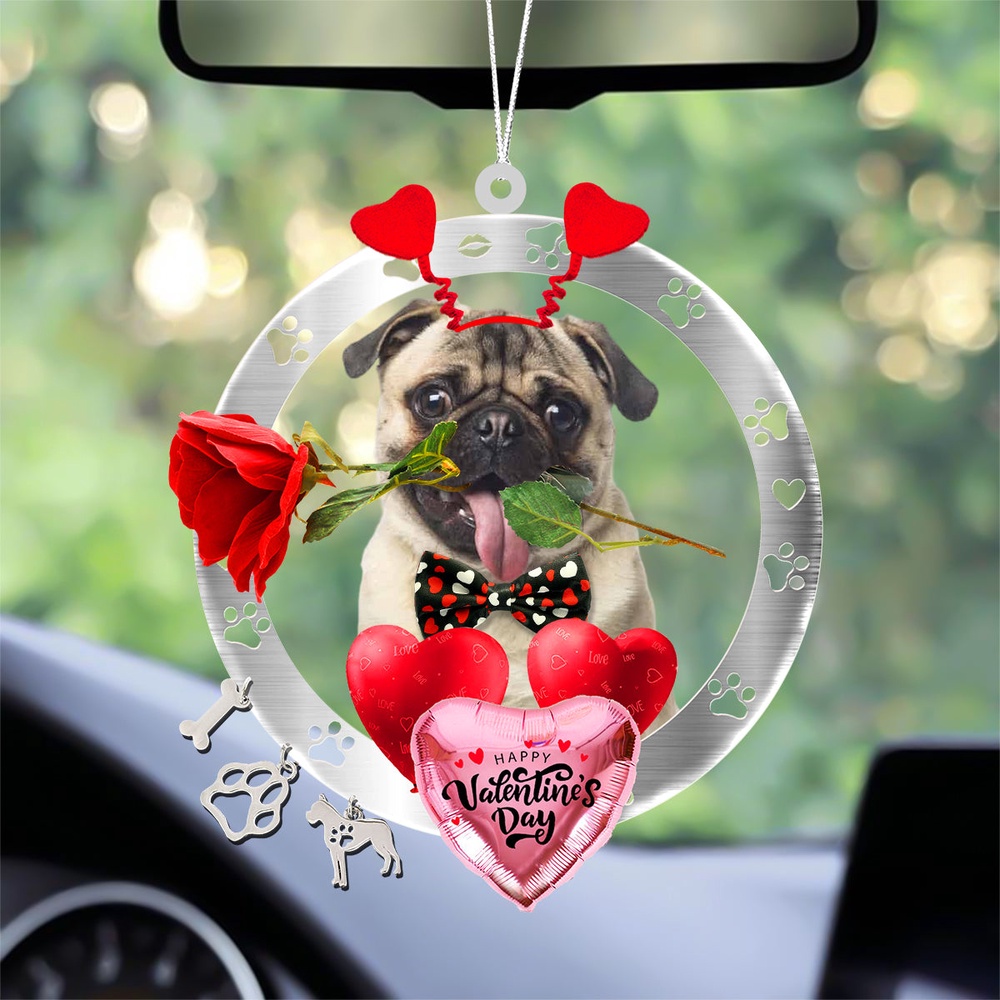 Pug With Rose & Heart Balloon Ornament, Christmas Ornament, Dog Ornament, Xmas Dog Ornaments