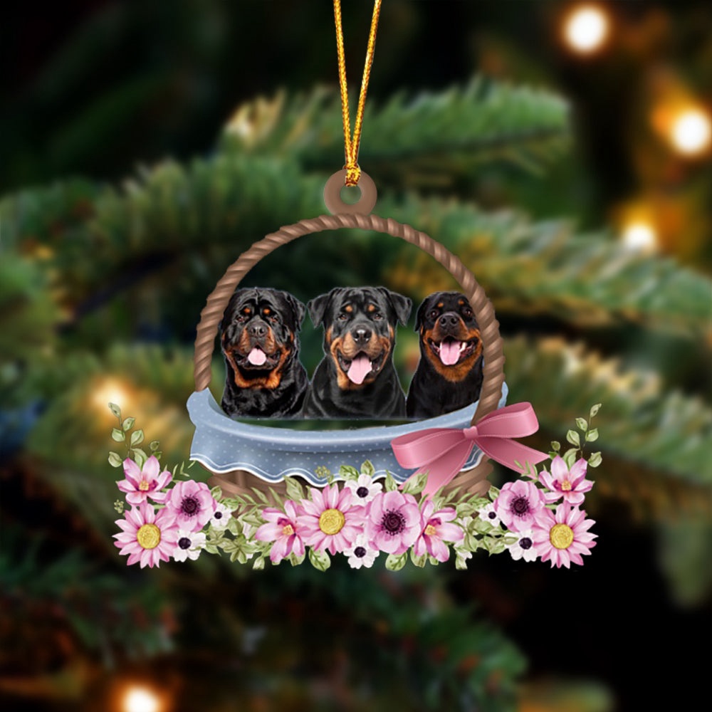 Rottweiler Dogs In The Basket Ornament, Christmas Ornament, Dog Ornament, Xmas Dog Ornaments