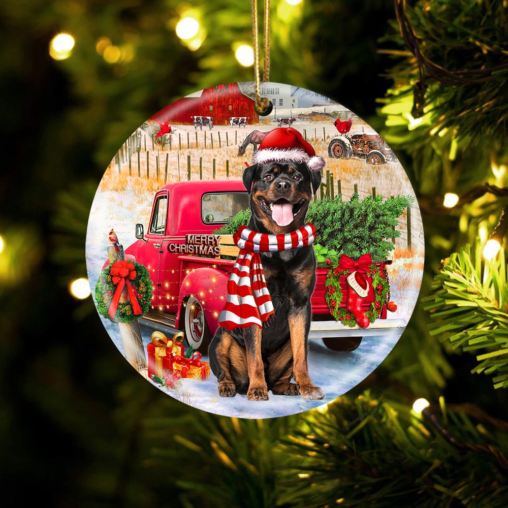 Rottweiler With Red Truck Christmas Ornament, Christmas Ornament, Dog Ornament, Xmas Dog Ornaments