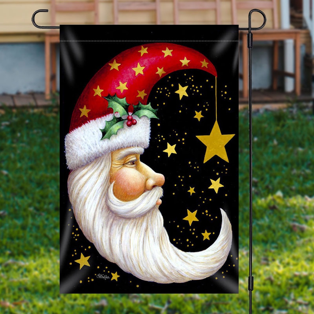 Santa Claus Moon Shape Star Christmas Garden FlagXmas, Garden Flags, Outdoor Xmas Flags, Christmas Flag Outdoor