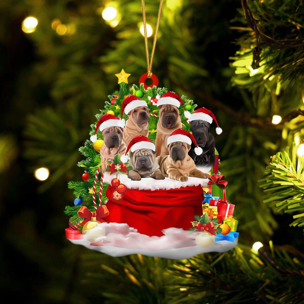 Shar pei Dogs In A Gift Bag Christmas Ornament, Christmas Ornament, Dog Ornament, Xmas Dog Ornaments