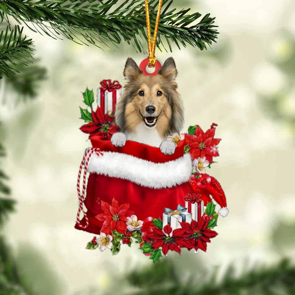 Shetland Sheepdog In Gift Bag Christmas Ornament, Christmas Ornament, Dog Ornament, Xmas Dog Ornaments