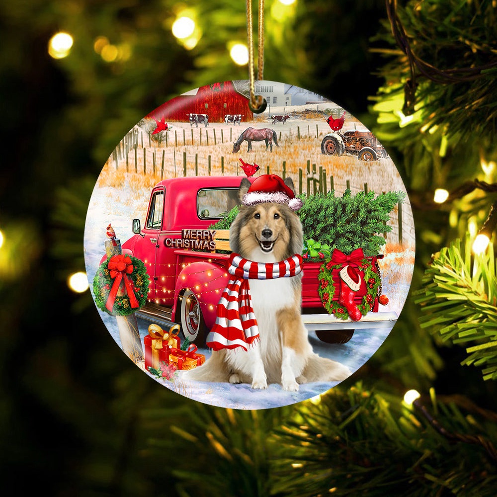 Shetland Sheepdog With Red Truck Christmas Ornament, Christmas Ornament, Dog Ornament, Xmas Dog Ornaments