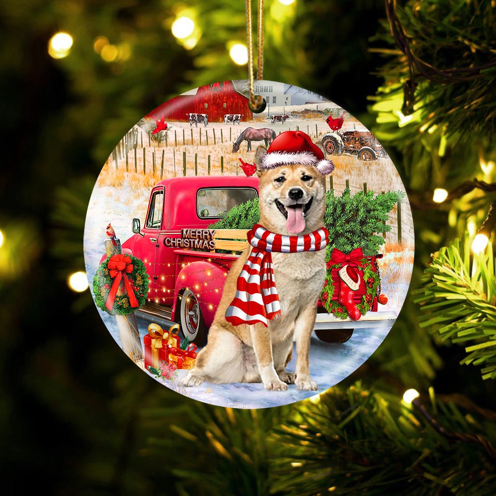 Shiba Inu With Red Truck Christmas Ornament, Christmas Ornament, Dog Ornament, Xmas Dog Ornaments