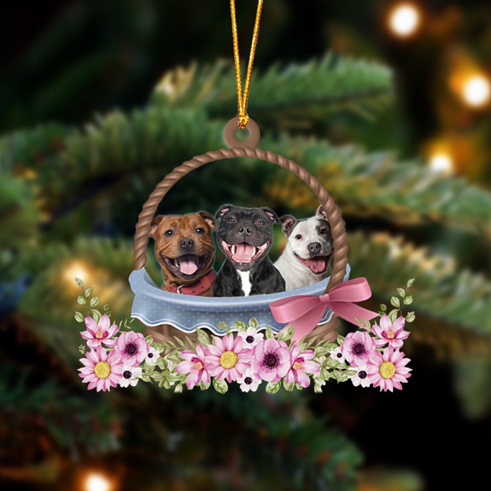 Staffordshire Bull Terrier Dogs In The Basket Ornament, Christmas Ornament, Dog Ornament, Xmas Dog Ornaments