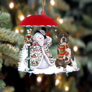 Staffordshire Bull Terrier With Snowman Christmas Ornament,&hellip;