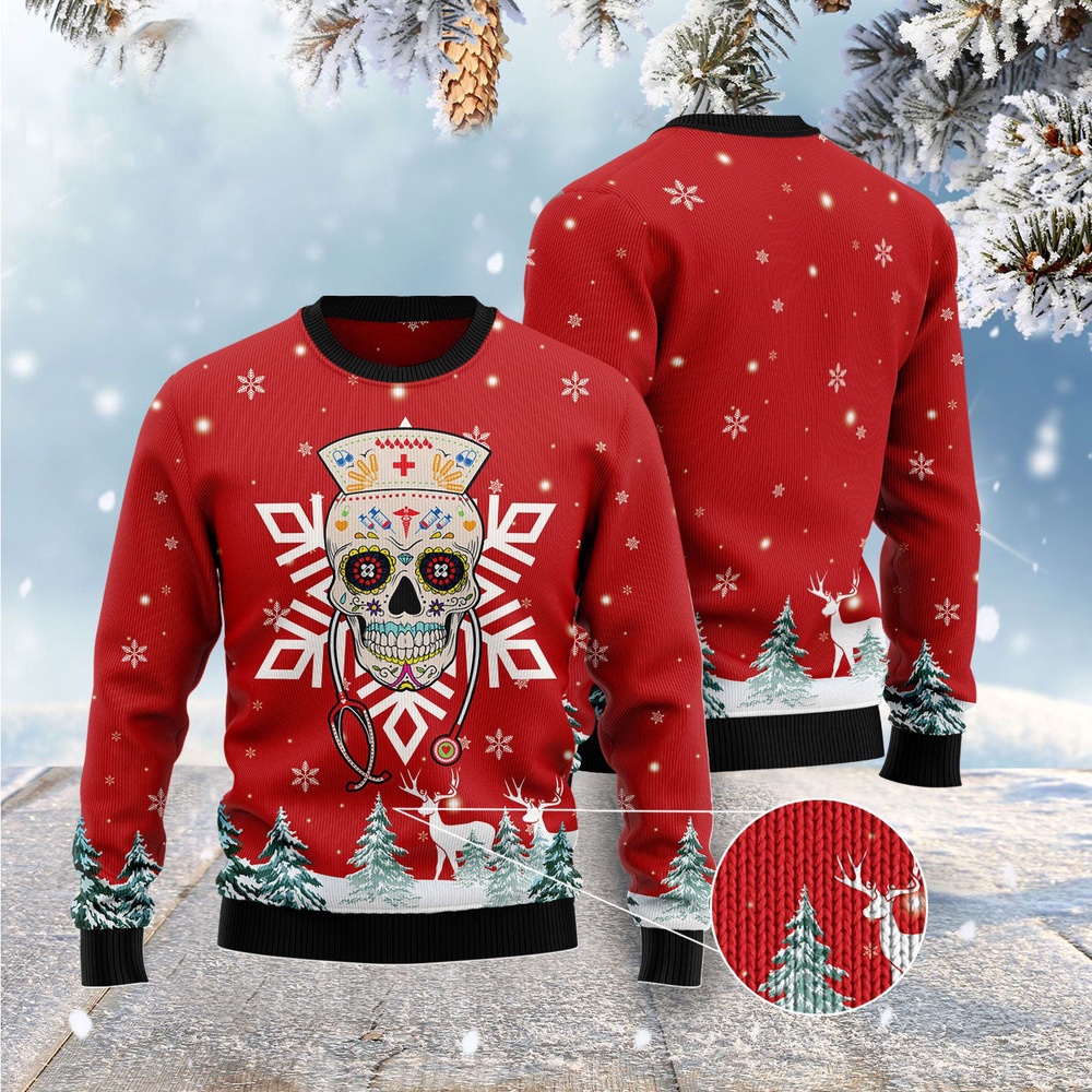 Sugar Skull Nurse Ugly Christmas Sweater, Christmas Sweater, Ugly Sweater, Funny Xmas Sweaters