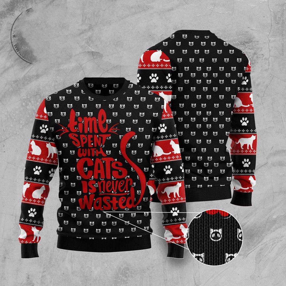 Time With Cat Christmas Ugly Christmas Sweater, Christmas Cat Ugly Sweater, Ugly Cat Xmas Sweater