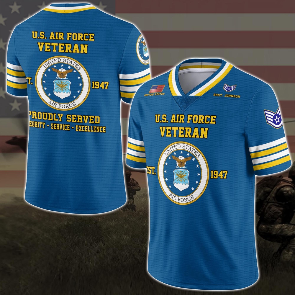US Air Force Vneck Football Jersey Custom Your Name And Rank, Military Shirts , US Veteran Gifts, Military Jersey