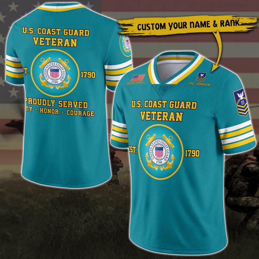 US Coast Guard Vneck Football Jersey Custom Your Name And Rank, Military Shirts , US Veteran Gifts, Military Jersey
