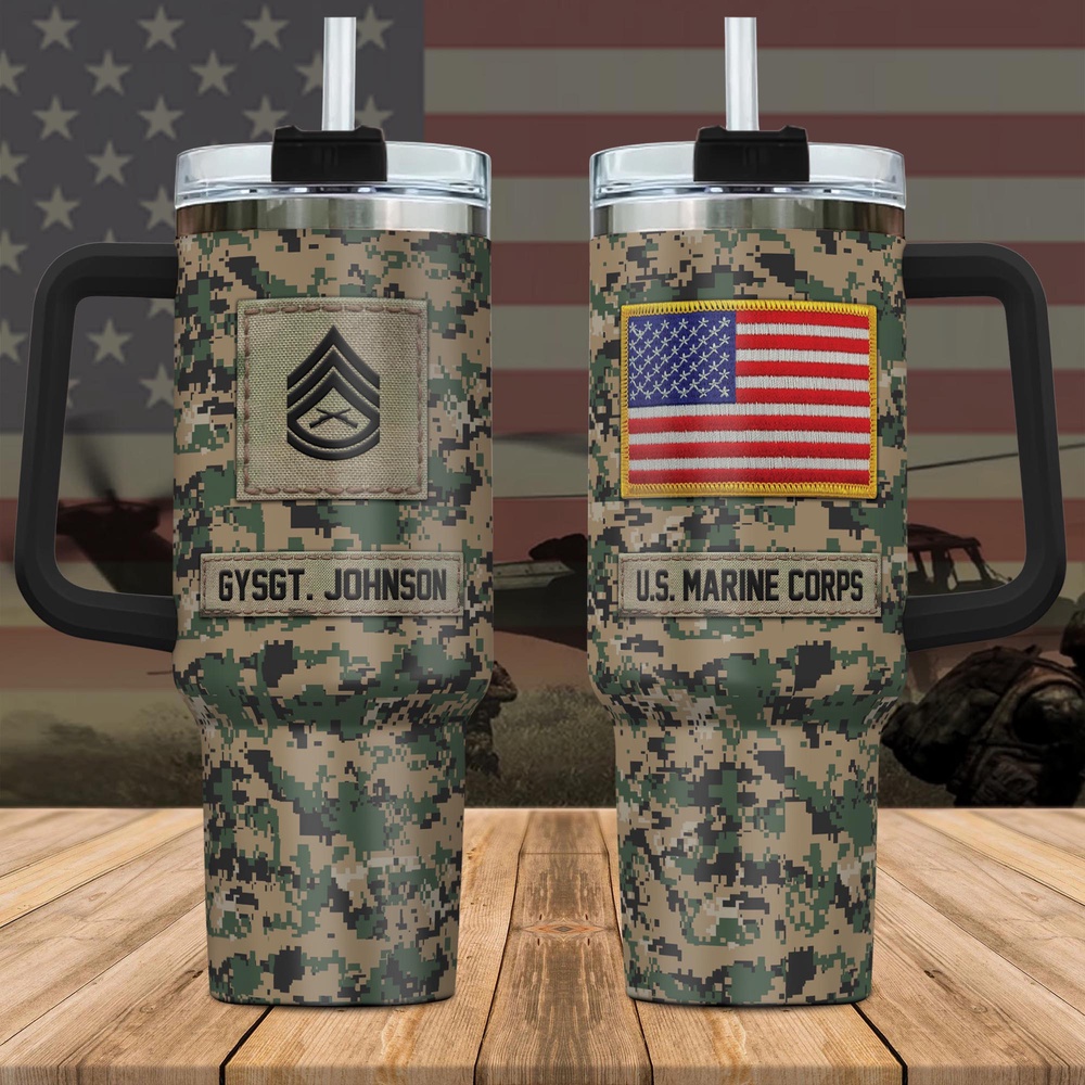 US Marine Corps Custom Name Rank Stanley Tumbler 40Oz, Camouflage Tumbler, Veteran Tumbler, Military Tumbler