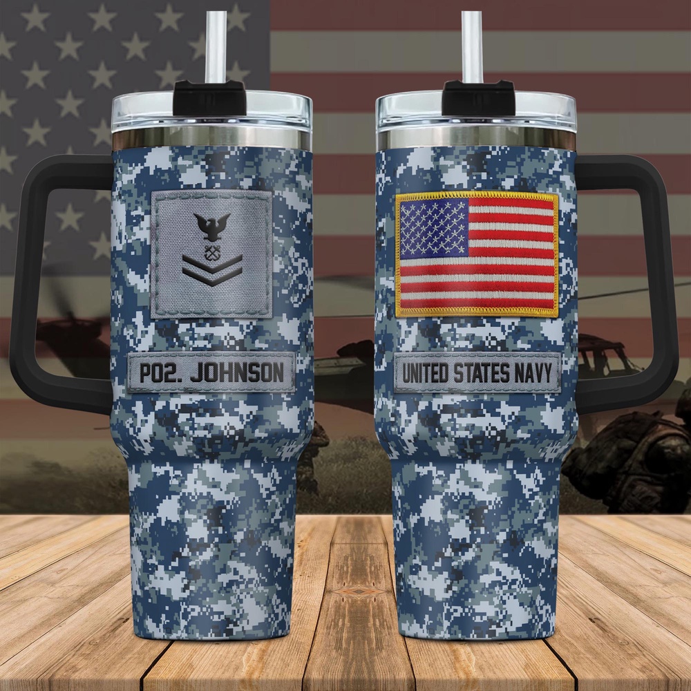 US Navy Custom Name Rank Stanley Tumbler 40Oz, Camouflage Tumbler, Veteran Tumbler, Military Tumbler