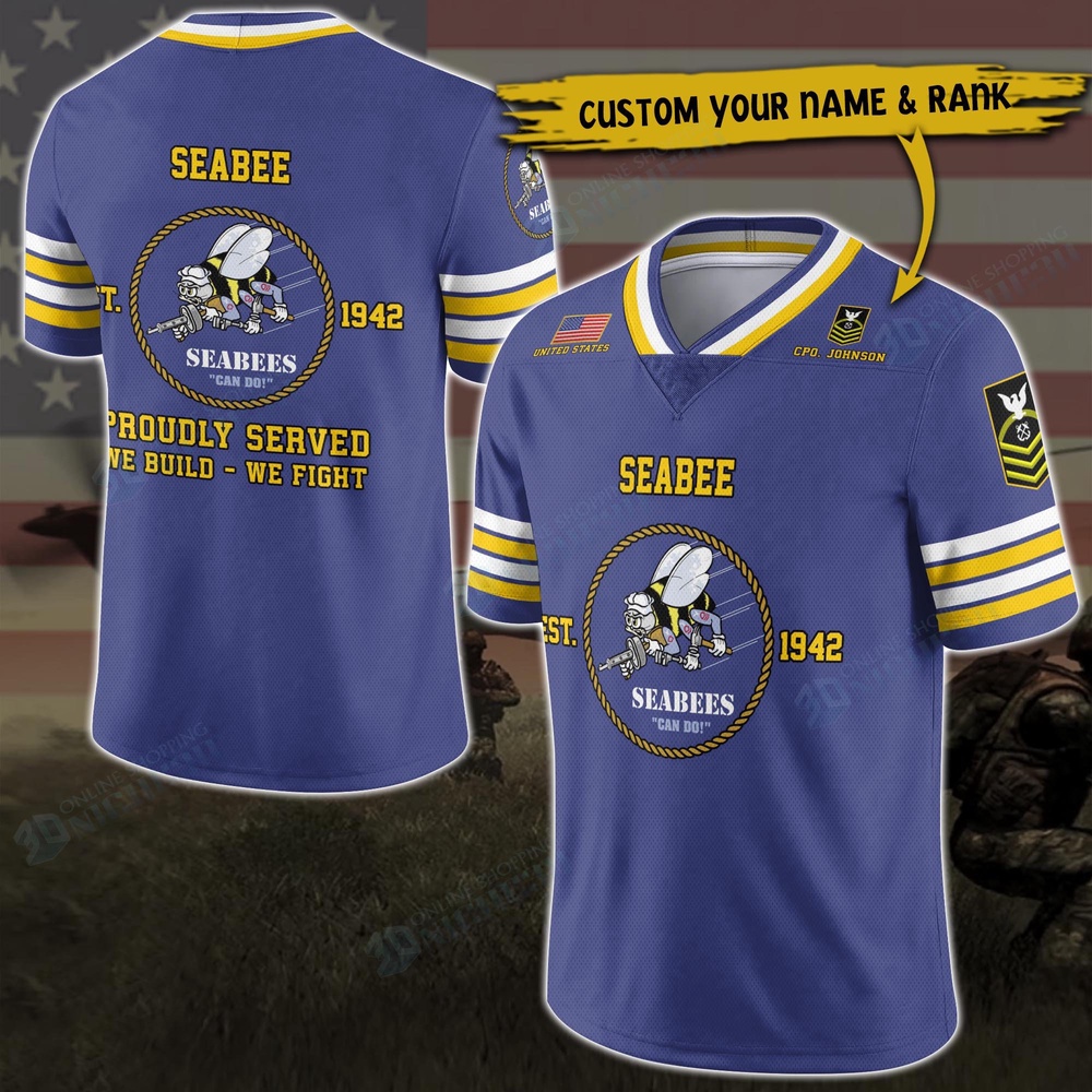 US Navy Seabee Vneck Football Jersey Custom Your Name And Rank, Military Shirts , US Veteran Gifts, Military Jersey