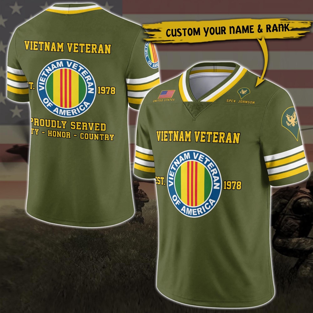 Vietnam Veteran Vneck Football Jersey Custom Your Name And Rank, Military Shirts , US Veteran Gifts, Military Jersey