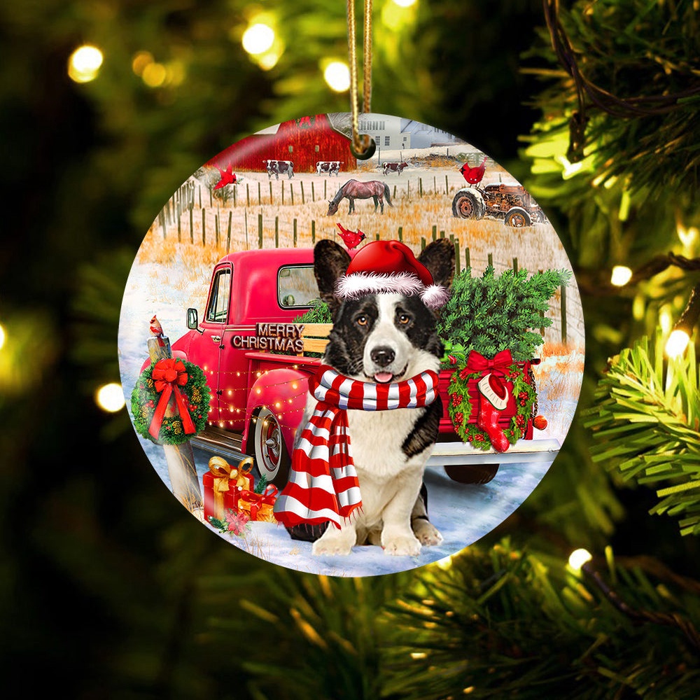 Welsh Corgi With Red Truck Christmas Ornament, Christmas Ornament, Dog Ornament, Xmas Dog Ornaments