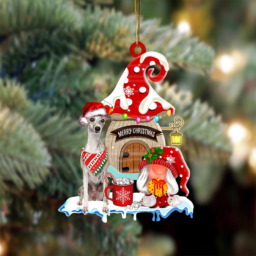 Whippet With Mushroom House Christmas Ornament, Christmas Ornament, Dog Ornament, Xmas Dog Ornaments