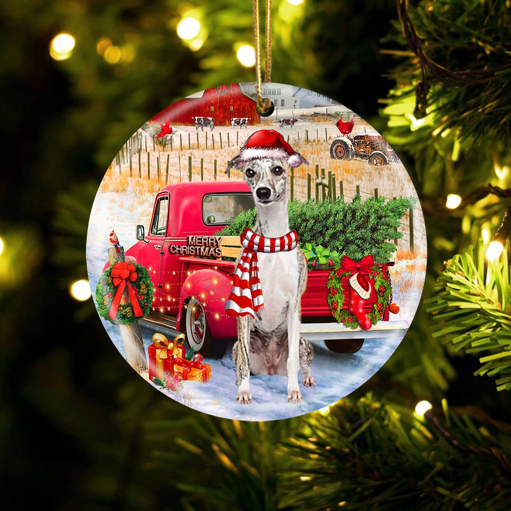 Whippet With Red Truck Christmas Ornament, Christmas Ornament, Dog Ornament, Xmas Dog Ornaments