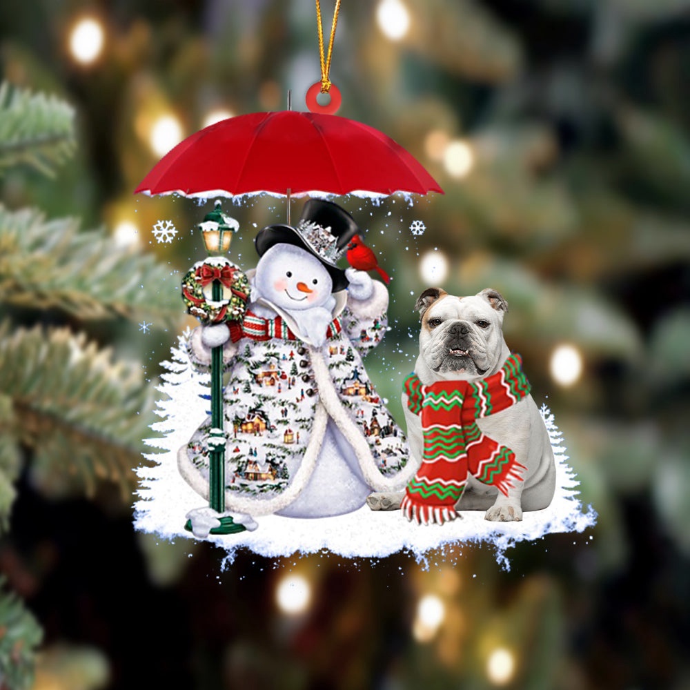 White American bulldog With Snowman Christmas Ornament, Christmas Ornament, Dog Ornament, Xmas Dog Ornaments