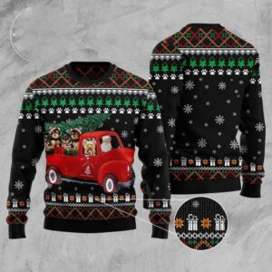Yorkshire Terrier And Red Truck Ugly Christmas&hellip;