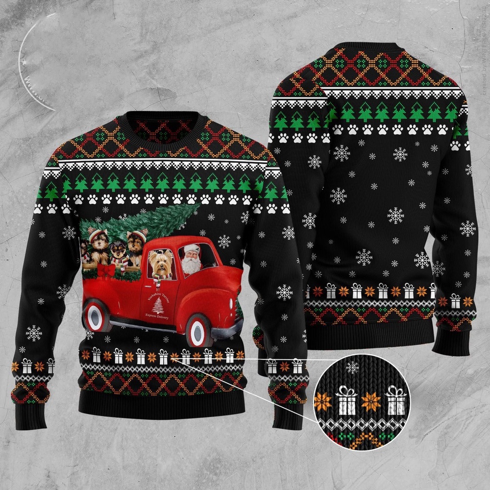 Yorkshire Terrier And Red Truck Ugly Christmas Sweater, Christmas Sweater, Ugly Sweater, Funny Xmas Sweaters