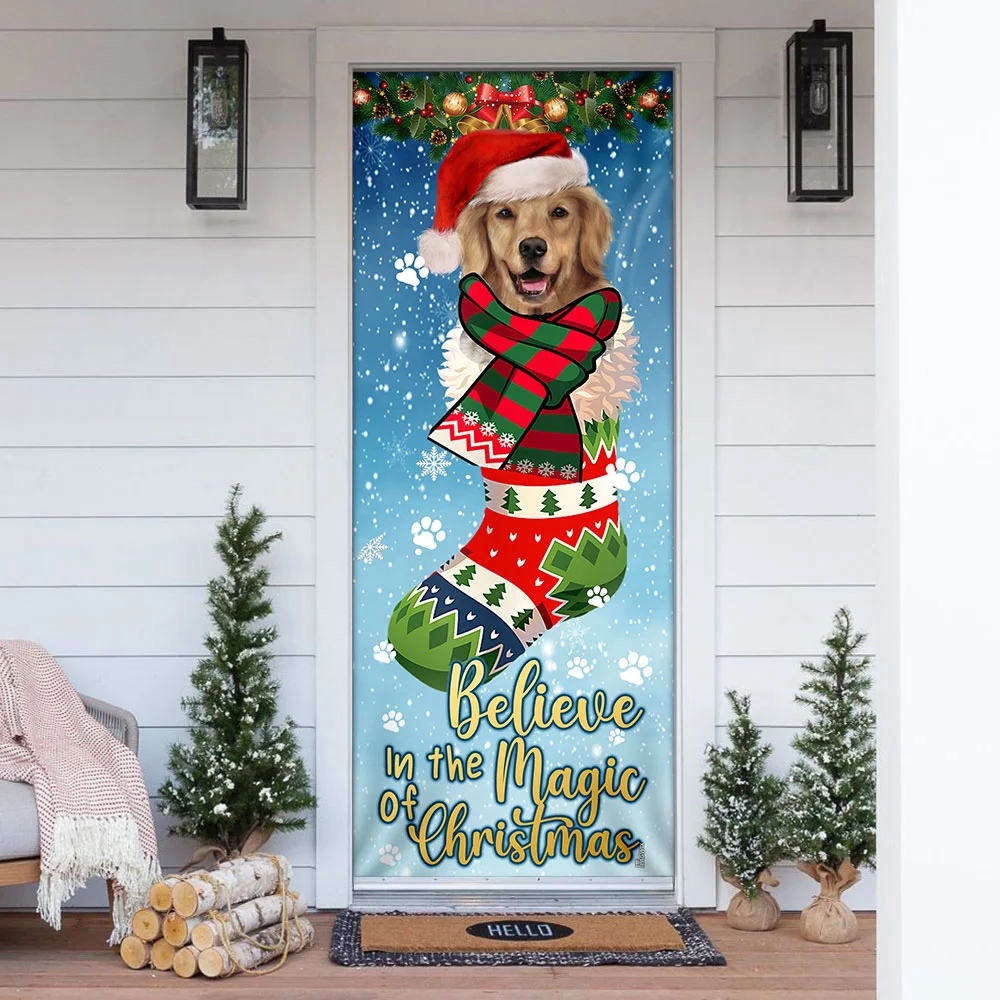 Believe In The Magic Of Christmas, Golden Retriever In Sock Door Cover, Gift For Decor, Christmas Gift