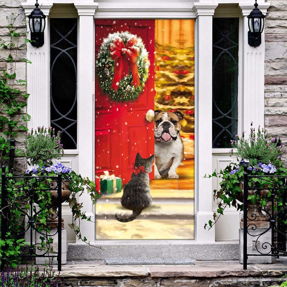 Bulldog Cat Christmas Gift Door Cover Festive Pet Décor for Holiday Celebrations, Christmas Gift