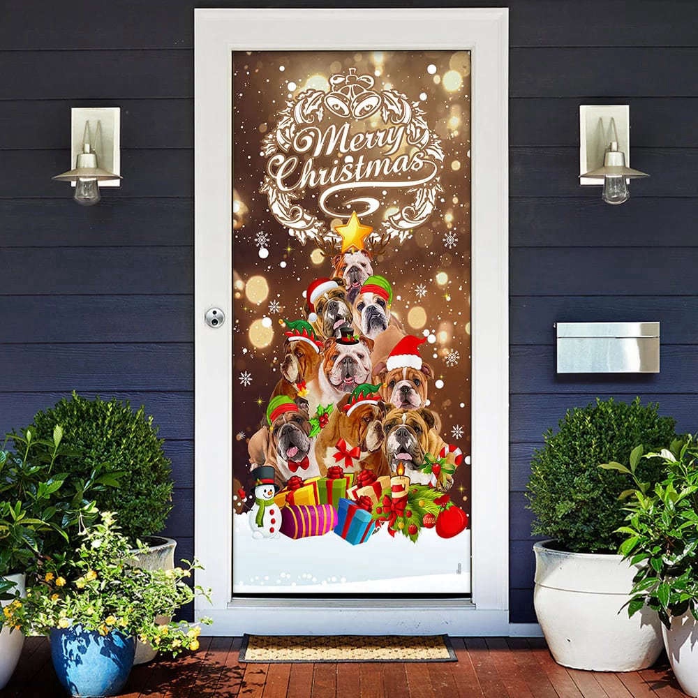 Bulldog Christmas Tree Door Cover, Merry Christmas, Front Door Christmas Cover, Gift For Decor, Christmas Gift