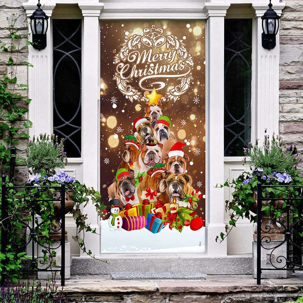 Bulldog Christmas Tree Door Cover, Merry Christmas, Front Door Christmas Cover, Gift For Decor, Christmas Gift