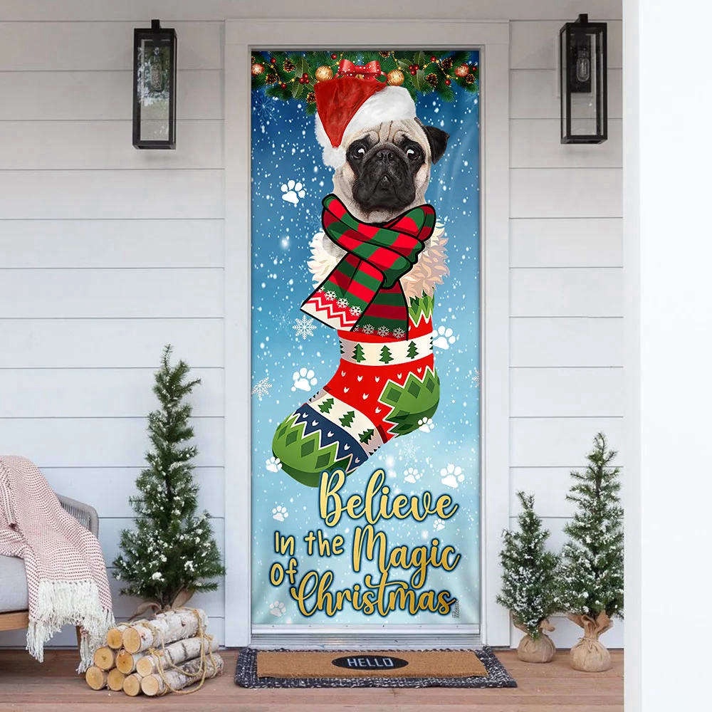 Bulldog In Sock Door Cover, Believe In The Magic Of Christmas Door Cover, Gift For Decor, Christmas Gift