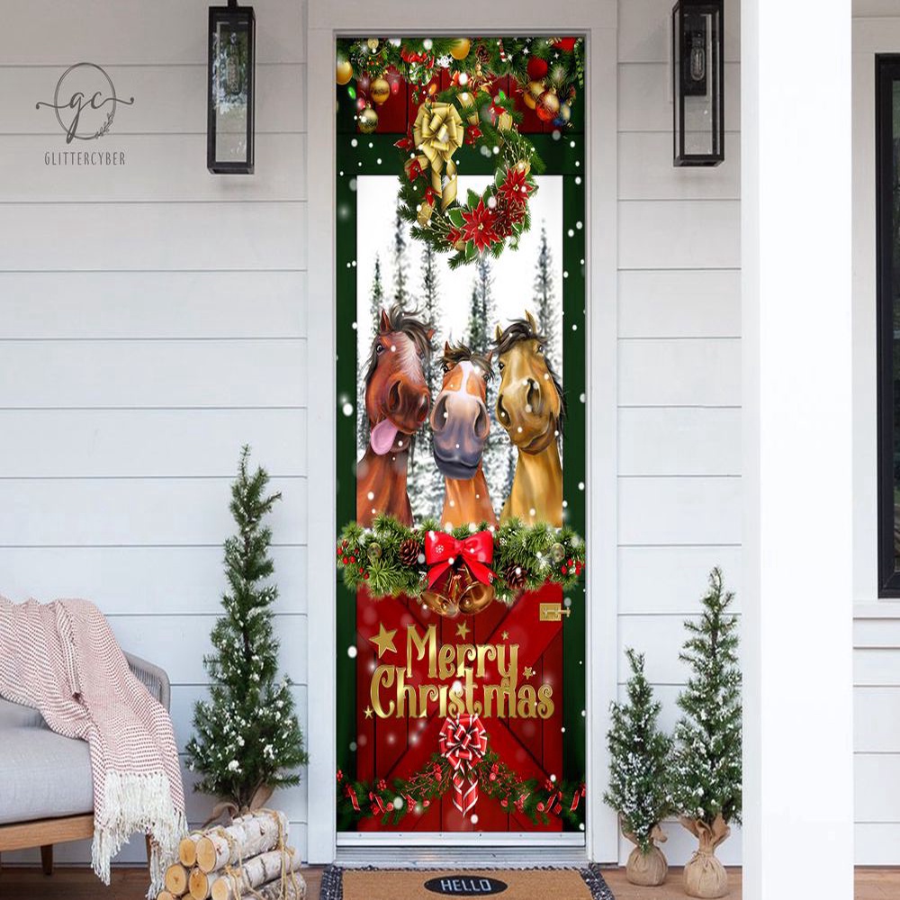 Christmas Horse Door Cover, Funny Christmas Horses Front Door Decor, Gift For Christmas, Christmas Gift