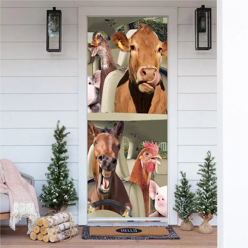 Driving Farm Animals Right Hand Funny Door Cover for Christmas Day, Christmas Gift