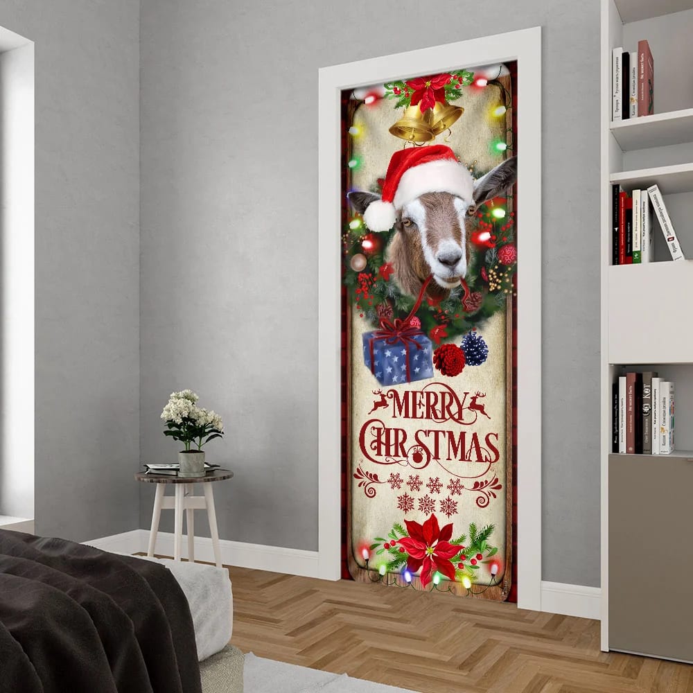 Farm Cattle Goat Merry Christmas Door Cover, Unique Gifts Doorcover, Holiday Decor, Christmas Gift